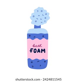 Cute cartoon bottle of bath foam shampoo. Blue bath and shower cosmetic for aromatic bathe with bubbles. Plastic bottle of foam for relaxation. Simple doodle in cartoon style isolated on white.