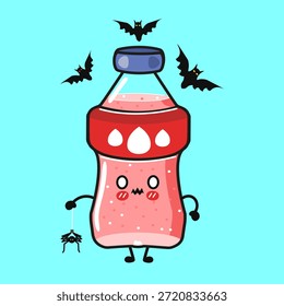 Carácter lindo de la botella de la historieta, lleno de una bebida rosada espeluznante, decorando una fiesta de Halloween mientras que está rodeado de murciélagos voladores y sosteniendo una araña colgante