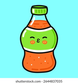 A cute cartoon bottle of orange soda with a happy face on a blue background.