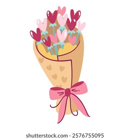 Cute cartoon bouquet of flowers in shape of heart. Funny wrapped flowers bunch with pink ribbon bow. Valentines day, wedding, romantic message mascot, cartoon gift of love vector illustration