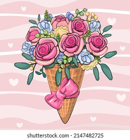 Cute cartoon bouquet of roses in an ice cream cone with a pink bow. Vector illustration with flowers on a pink background.