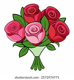 Cute cartoon bouquet of roses isolated on white background. Front view. Vector illustration.