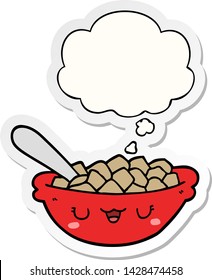 lindo tazón de caricatura de cereal con burbuja de pensamiento como pegatina impresa