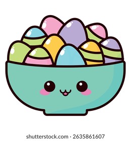 A cute cartoon bowl filled with colorful Easter eggs.