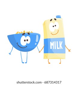 Cute cartoon bowl of flakes and carton of milk with smiley face, funny fast food character vector Illustration