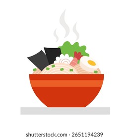 Cute cartoon bowl of ramen with egg, shrimp, naruto, and greens. Vector flat illustration isolated on white background. Tasty Asian noodle soup in kawaii style.