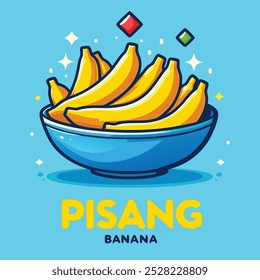 Cute cartoon bowl of yellow bananas. Perfect for food, health, and tropical themes. Ideal for menus, recipes, and children's books. Add a touch of fun to your designs with this colorful vector graphic