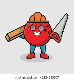 Cute cartoon bowling ball as carpenter character with saw and wood in 3d modern style design
