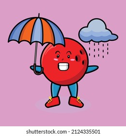 Cute cartoon bowling ball character in the rain and using an umbrella in 3d modern style design