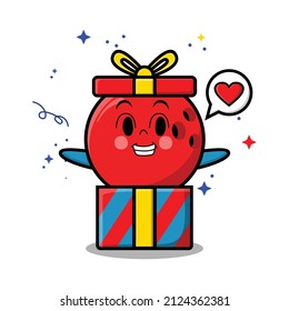 Cute cartoon bowling ball character coming out from big gift box look so happy