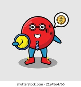Cute cartoon bowling ball character holding clock with happy expression in concept 3d cartoon style