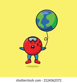 Cute cartoon bowling ball floating with earth world balloon cartoon vector illustration  