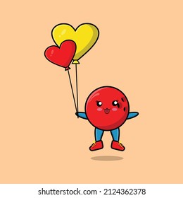 Cute cartoon bowling ball floating with love balloon cartoon vector illustration 