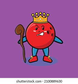 Cute cartoon bowling ball mascot as wise king with golden crown and wooden stick cute modern style design for t-shirt, sticker, logo element