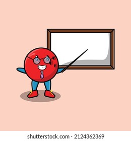 Cute cartoon bowling ball teacher character teaching with whiteboard in 3d cartoon style concept