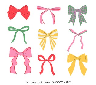 Cute cartoon bows collection. Modern pink yellow and green esthetic decorations. vector clip art isolated. Girly fashion design.