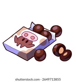 A cute cartoon box of chocolate candy with round sweets spilling out. The box features an animal-themed design, suitable for games or children’s media.