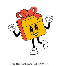 Cute Cartoon box gift character. Happy and cheerful emotions. Old animation 60s 70s, funny cartoon characters. Trendy illustration in retro style.