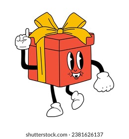 Cute Cartoon box gift character. Happy and cheerful emotions. Old animation 60s 70s, funny cartoon characters. Trendy illustration in retro style.