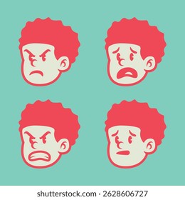 Cute cartoon boy with afro hairstyle in 4 expressive faces: silly, laughing, playful, and surprised. Fun hand-drawn vector illustration on colorful background.