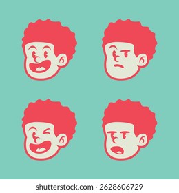 Cute cartoon boy with afro hairstyle in 4 expressive faces: silly, laughing, playful, and surprised. Fun hand-drawn vector illustration on colorful background.