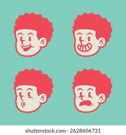 Cute cartoon boy with afro hairstyle in 4 expressive faces: silly, laughing, playful, and surprised. Fun hand-drawn vector illustration on colorful background.