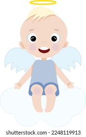 Cute cartoon boy angel on the cloud. Element for print, postcard and poster isolate on white background. Vector illustration