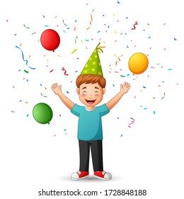 Cute cartoon boy anniversary brithday party. Vector illustration