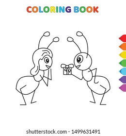 cute cartoon boy ant gives gift to girl ant coloring book for kids. black and white vector illustration for coloring book. boy ant gives gift to girl concept hand drawn illustration