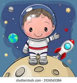 Cute Cartoon Boy astronaut on the moon on a space background