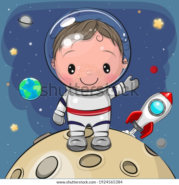 Cute Cartoon Boy Astronaut On Moon Stock Vector (Royalty Free ...