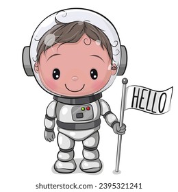 Cute Cartoon Boy astronaut with white flag