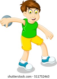 cute cartoon boy athlete doing discus throwing