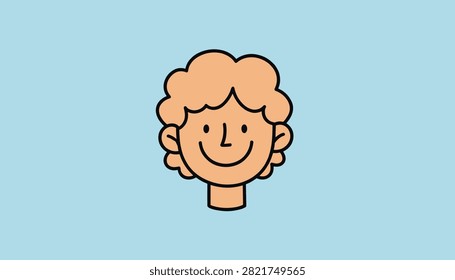 Cute cartoon boy avatar icon with curly orange hair and a cheerful smiling face over a soft blue background.