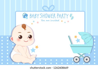 cute cartoon boy and baby shower invitation card with empty copy space