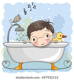 Cute cartoon Boy in the bathroom and a bird