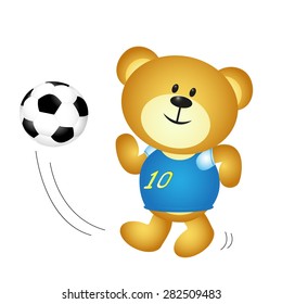 Cute cartoon boy bear playing soccer