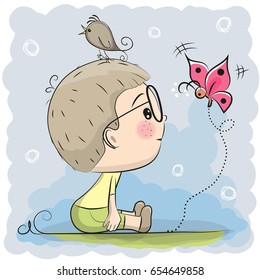 Cute Cartoon Boy with bird and butterfly