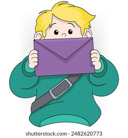 A cute cartoon boy with blond hair is holding a large purple envelope in front of him.