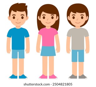 Cute cartoon boy in blue shirt, girl in pink shirt and kid in unisex clothes. Children gender expression. Simple flat vector illustration.