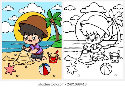 Dibujos animados lindo niño que construye el castillo de arena para colorear página para niños, dibujos para colorear de verano para niños