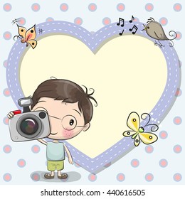 Cute cartoon Boy with a camera and a heart frame