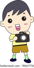 Cute cartoon boy with camera vector illustration.