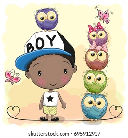 Cute Cartoon Boy in a cap and five Owls