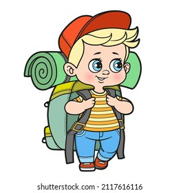 Cute cartoon boy in cap with a huge backpack travels color variation for coloring on white background