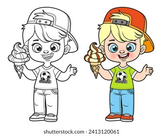 Cute cartoon boy in cap with ice cream in hand outlined and color variation for coloring page