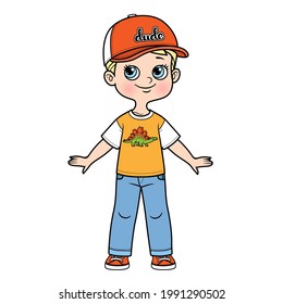 Niño de dibujos animados con gorra con visera, camiseta y jeans variación de color para colorear sobre un fondo blanco