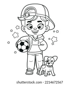 Cute cartoon boy in cap walks with puppy and holds a soccer ball in hand outlined for coloring page on white background