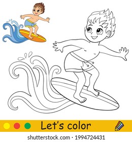Cute cartoon boy catches a wave on a surfboard. Coloring book page with colorful template for kids. Vector isolated illustration. For coloring book, print, game, party, design