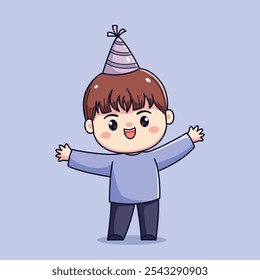 Cute cartoon boy celebrating new year or birthday party chibi kawaii